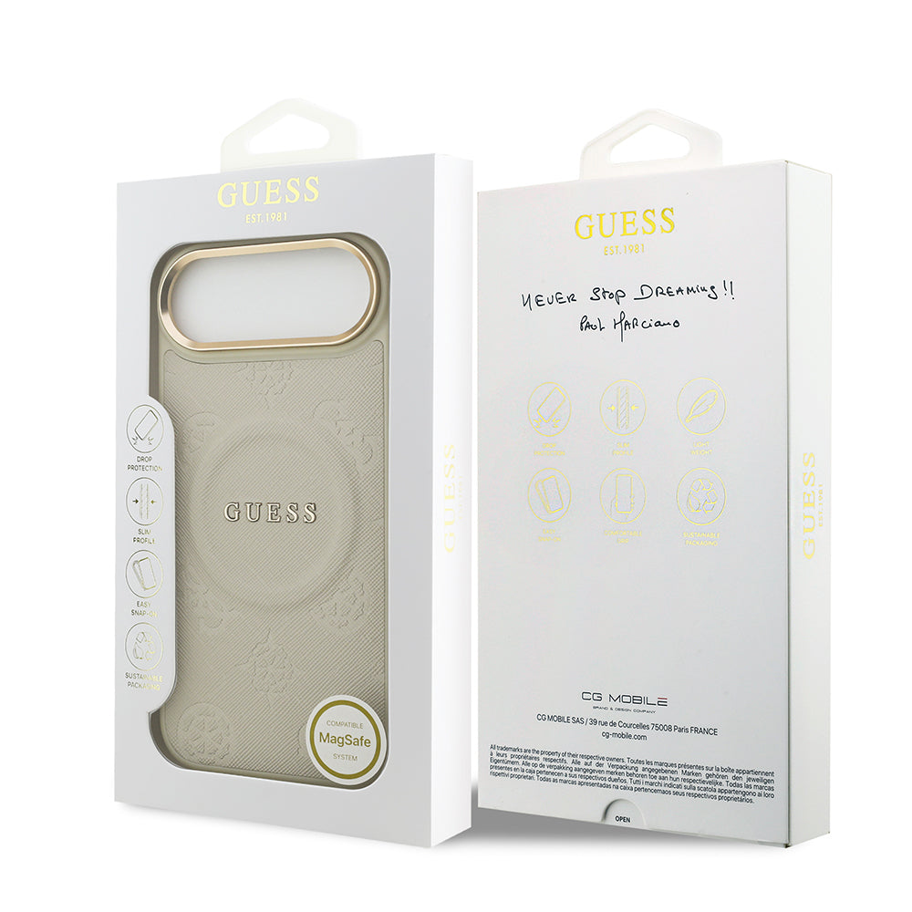 iPhone 17 Air Kılıf Guess Orjinal Lisanslı M-safe Şarj Özellikli Sıcak Baskılı Yazı Logolu PU Deri Peony Kılıf
