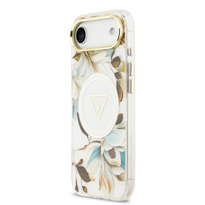 iPhone 17 Air Kılıf Guess Orjinal Lisanslı M-safe Şarj Özellikli Simli Çiçek Desenli Metal Kamera Çerçeveli Üçgen Logolu Kılıf
