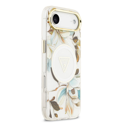iPhone 17 Air Kılıf Guess Orjinal Lisanslı M-safe Şarj Özellikli Simli Çiçek Desenli Metal Kamera Çerçeveli Üçgen Logolu Kılıf