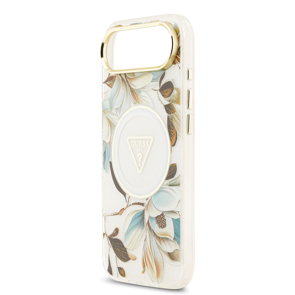 iPhone 17 Air Kılıf Guess Orjinal Lisanslı M-safe Şarj Özellikli Simli Çiçek Desenli Metal Kamera Çerçeveli Üçgen Logolu Kılıf