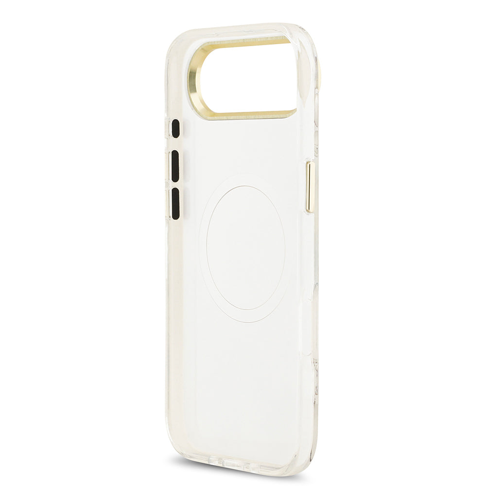 iPhone 17 Air Kılıf Guess Orjinal Lisanslı M-safe Şarj Özellikli Simli Çiçek Desenli Metal Kamera Çerçeveli Üçgen Logolu Kılıf