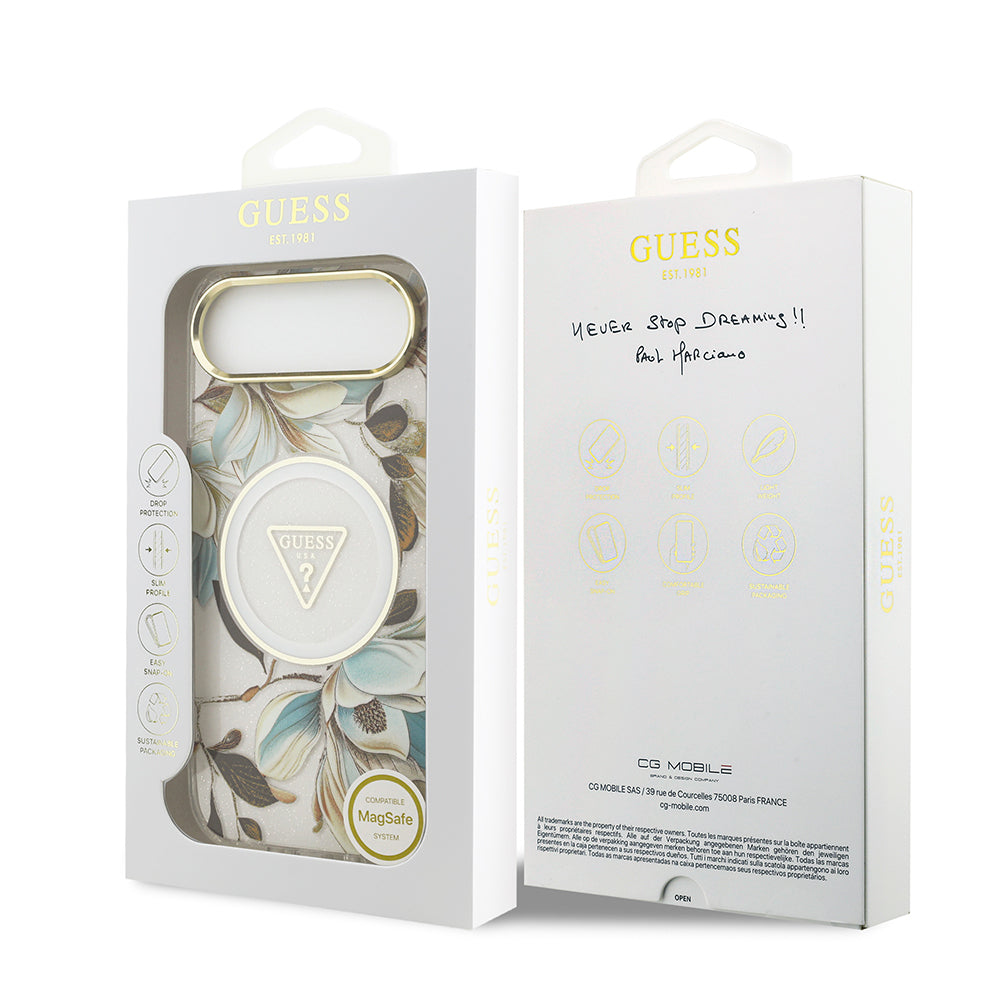 iPhone 17 Air Kılıf Guess Orjinal Lisanslı M-safe Şarj Özellikli Simli Çiçek Desenli Metal Kamera Çerçeveli Üçgen Logolu Kılıf