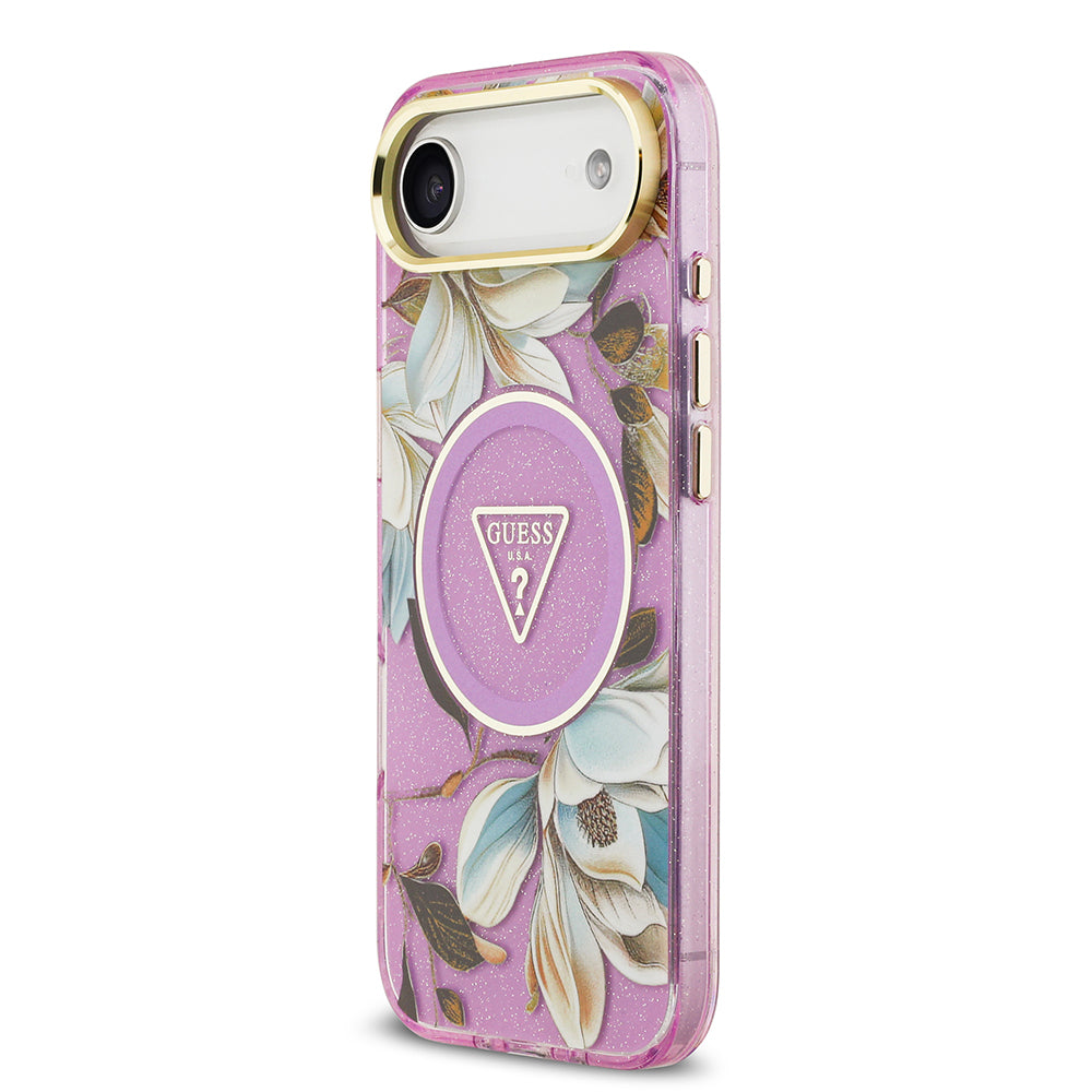 iPhone 17 Air Kılıf Guess Orjinal Lisanslı M-safe Şarj Özellikli Simli Çiçek Desenli Metal Kamera Çerçeveli Üçgen Logolu Kılıf