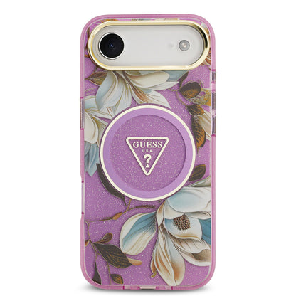 iPhone 17 Air Kılıf Guess Orjinal Lisanslı M-safe Şarj Özellikli Simli Çiçek Desenli Metal Kamera Çerçeveli Üçgen Logolu Kılıf
