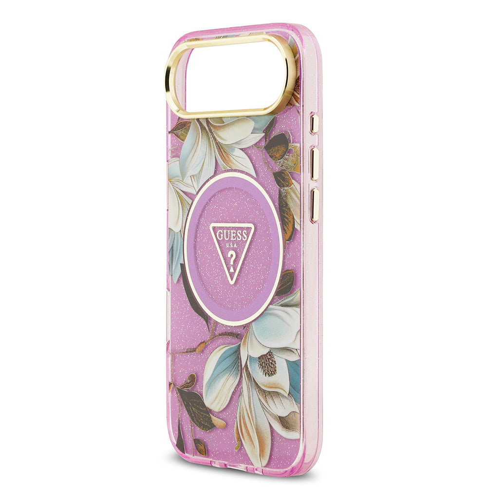 iPhone 17 Air Kılıf Guess Orjinal Lisanslı M-safe Şarj Özellikli Simli Çiçek Desenli Metal Kamera Çerçeveli Üçgen Logolu Kılıf