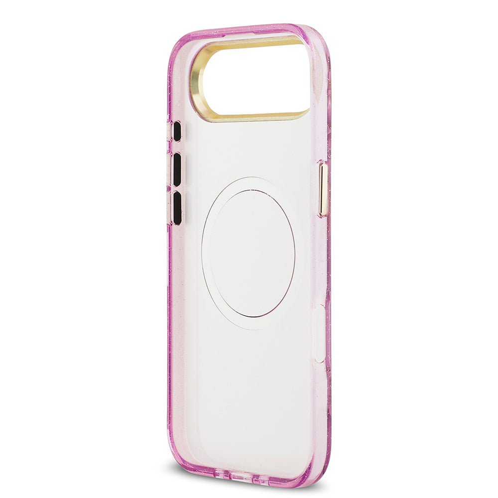 iPhone 17 Air Kılıf Guess Orjinal Lisanslı M-safe Şarj Özellikli Simli Çiçek Desenli Metal Kamera Çerçeveli Üçgen Logolu Kılıf