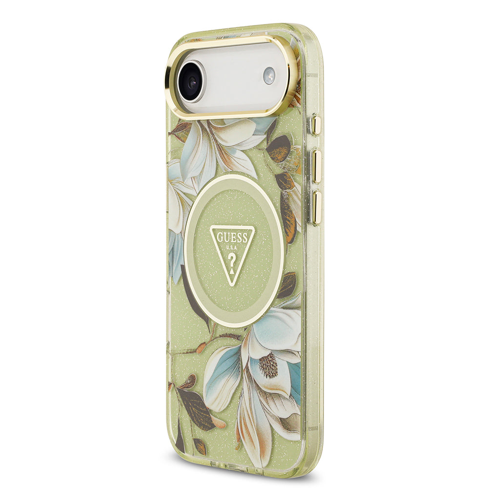 iPhone 17 Air Kılıf Guess Orjinal Lisanslı M-safe Şarj Özellikli Simli Çiçek Desenli Metal Kamera Çerçeveli Üçgen Logolu Kılıf