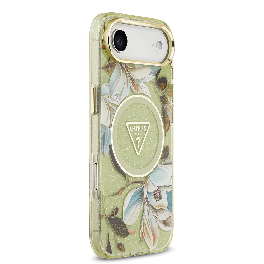 iPhone 17 Air Kılıf Guess Orjinal Lisanslı M-safe Şarj Özellikli Simli Çiçek Desenli Metal Kamera Çerçeveli Üçgen Logolu Kılıf