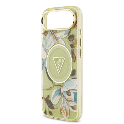 iPhone 17 Air Kılıf Guess Orjinal Lisanslı M-safe Şarj Özellikli Simli Çiçek Desenli Metal Kamera Çerçeveli Üçgen Logolu Kılıf