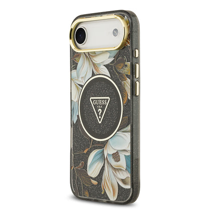 iPhone 17 Air Kılıf Guess Orjinal Lisanslı M-safe Şarj Özellikli Simli Çiçek Desenli Metal Kamera Çerçeveli Üçgen Logolu Kılıf
