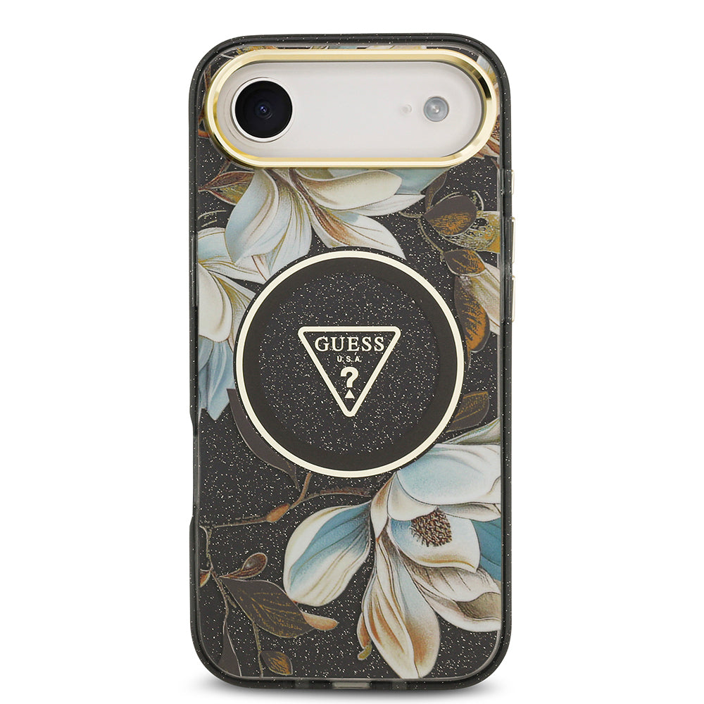 iPhone 17 Air Kılıf Guess Orjinal Lisanslı M-safe Şarj Özellikli Simli Çiçek Desenli Metal Kamera Çerçeveli Üçgen Logolu Kılıf