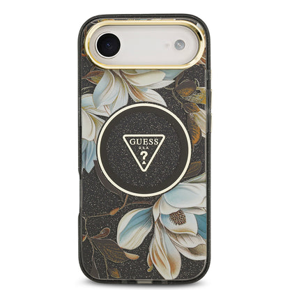 iPhone 17 Air Kılıf Guess Orjinal Lisanslı M-safe Şarj Özellikli Simli Çiçek Desenli Metal Kamera Çerçeveli Üçgen Logolu Kılıf