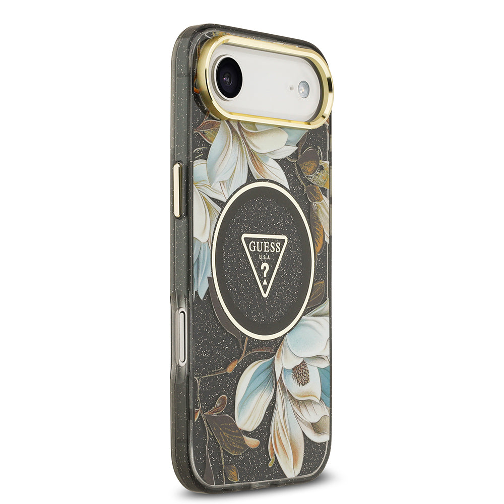 iPhone 17 Air Kılıf Guess Orjinal Lisanslı M-safe Şarj Özellikli Simli Çiçek Desenli Metal Kamera Çerçeveli Üçgen Logolu Kılıf