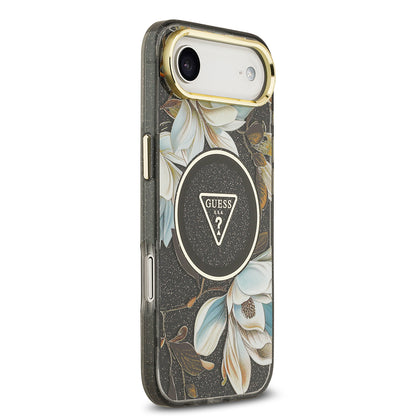 iPhone 17 Air Kılıf Guess Orjinal Lisanslı M-safe Şarj Özellikli Simli Çiçek Desenli Metal Kamera Çerçeveli Üçgen Logolu Kılıf