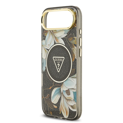 iPhone 17 Air Kılıf Guess Orjinal Lisanslı M-safe Şarj Özellikli Simli Çiçek Desenli Metal Kamera Çerçeveli Üçgen Logolu Kılıf