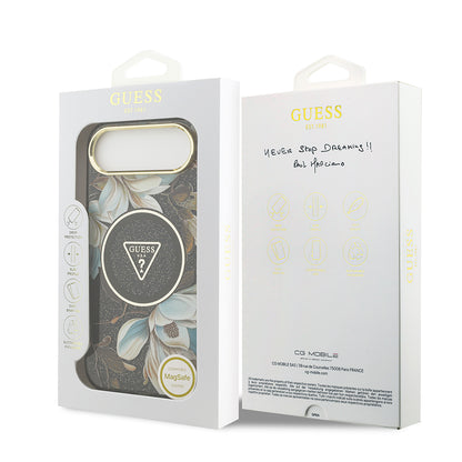 iPhone 17 Air Kılıf Guess Orjinal Lisanslı M-safe Şarj Özellikli Simli Çiçek Desenli Metal Kamera Çerçeveli Üçgen Logolu Kılıf