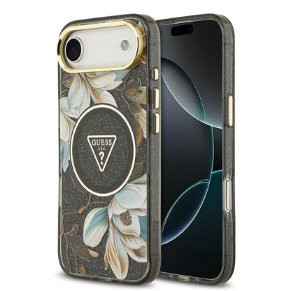 iPhone 17 Air Kılıf Guess Orjinal Lisanslı M-safe Şarj Özellikli Simli Çiçek Desenli Metal Kamera Çerçeveli Üçgen Logolu Kılıf