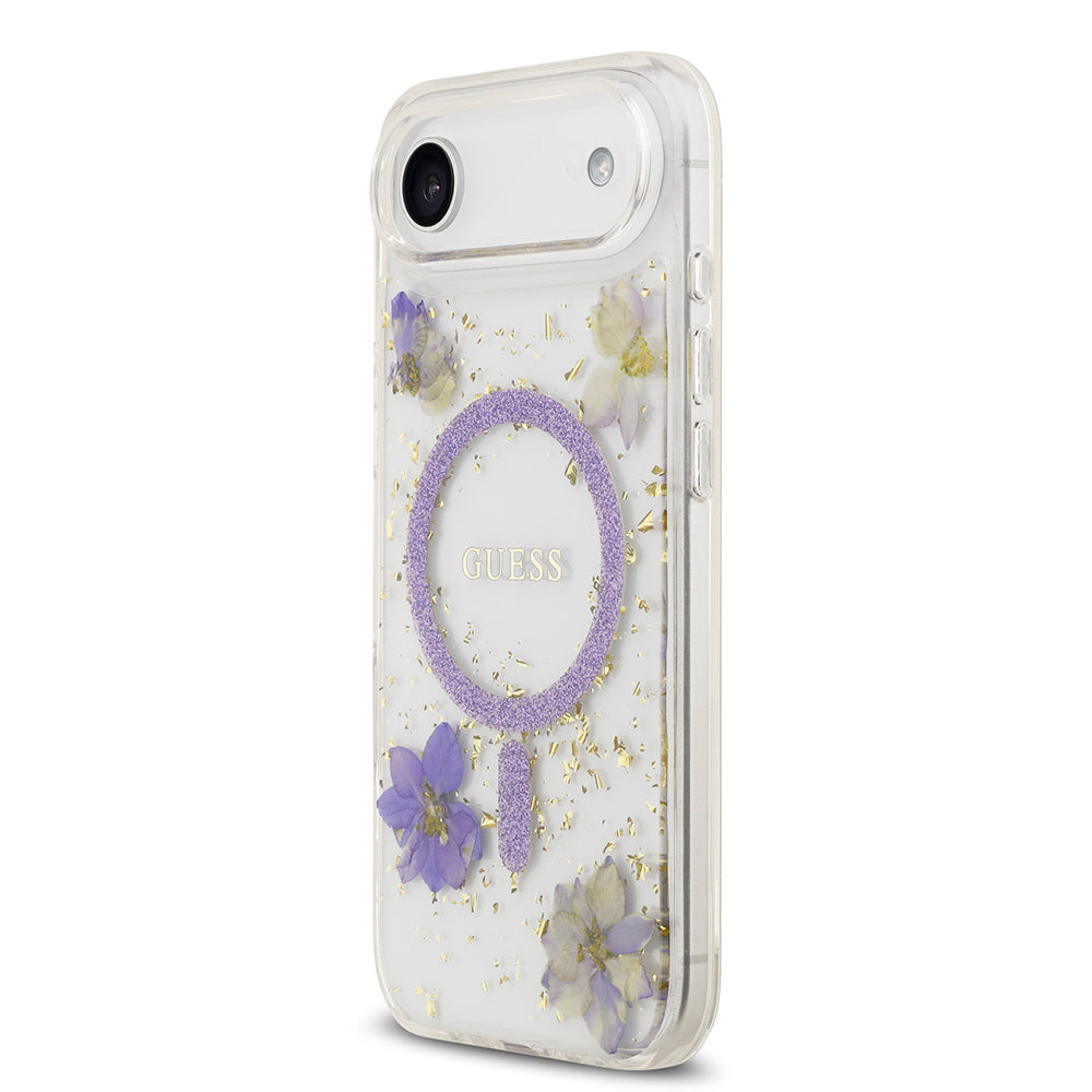 iPhone 17 Air Kılıf Guess Orjinal Lisanslı M-safe Şarj Özellikli Transparan Resin Flowers Kılıf