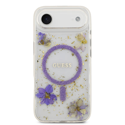 iPhone 17 Air Kılıf Guess Orjinal Lisanslı M-safe Şarj Özellikli Transparan Resin Flowers Kılıf