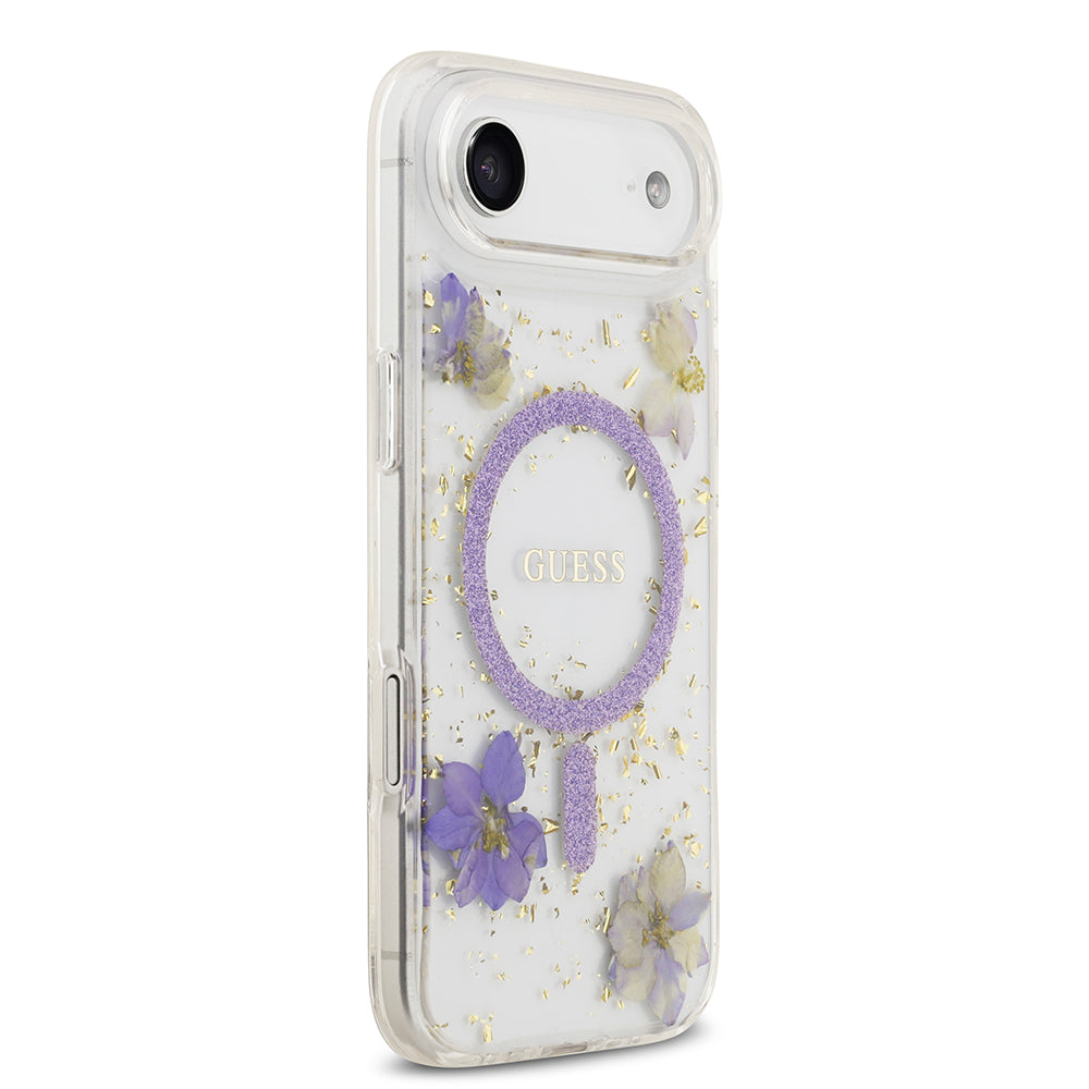 iPhone 17 Air Kılıf Guess Orjinal Lisanslı M-safe Şarj Özellikli Transparan Resin Flowers Kılıf