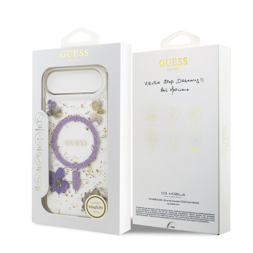 iPhone 17 Air Kılıf Guess Orjinal Lisanslı M-safe Şarj Özellikli Transparan Resin Flowers Kılıf