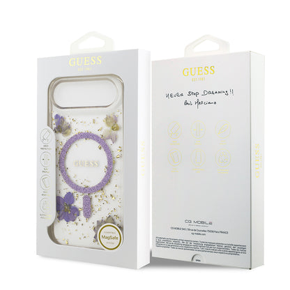 iPhone 17 Air Kılıf Guess Orjinal Lisanslı M-safe Şarj Özellikli Transparan Resin Flowers Kılıf