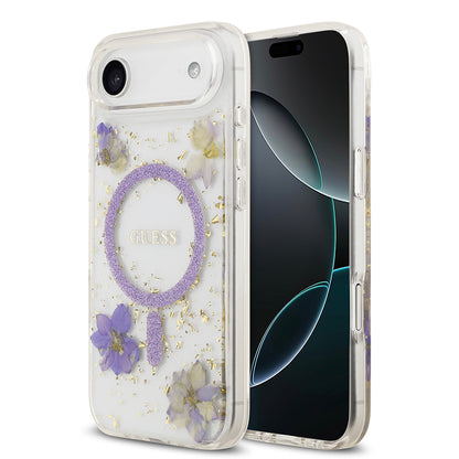 iPhone 17 Air Kılıf Guess Orjinal Lisanslı M-safe Şarj Özellikli Transparan Resin Flowers Kılıf