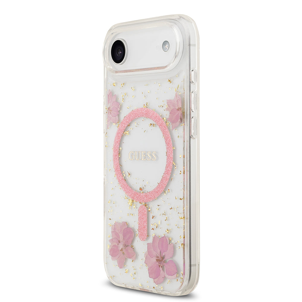 iPhone 17 Air Kılıf Guess Orjinal Lisanslı M-safe Şarj Özellikli Transparan Resin Flowers Kılıf