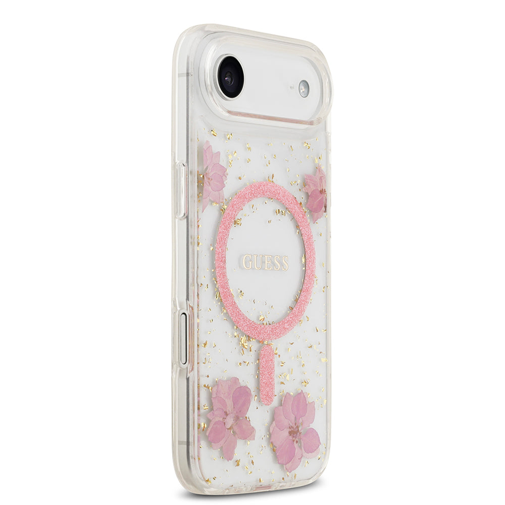 iPhone 17 Air Kılıf Guess Orjinal Lisanslı M-safe Şarj Özellikli Transparan Resin Flowers Kılıf