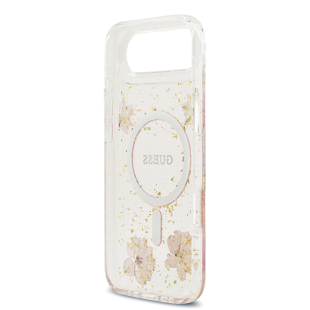 iPhone 17 Air Kılıf Guess Orjinal Lisanslı M-safe Şarj Özellikli Transparan Resin Flowers Kılıf