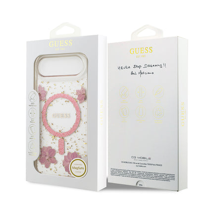 iPhone 17 Air Kılıf Guess Orjinal Lisanslı M-safe Şarj Özellikli Transparan Resin Flowers Kılıf