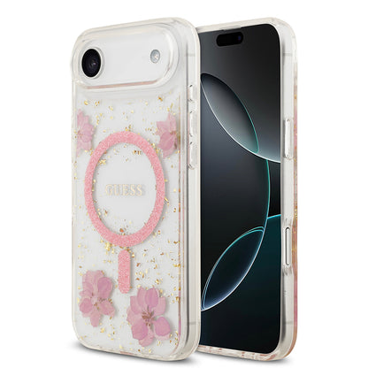 iPhone 17 Air Kılıf Guess Orjinal Lisanslı M-safe Şarj Özellikli Transparan Resin Flowers Kılıf