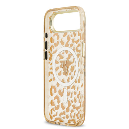iPhone 17 Air Kılıf Guess Orjinal Lisanslı M-safe Şarj Özellikli Üçgen Logolu Simli Leopar Desenli Kılıf
