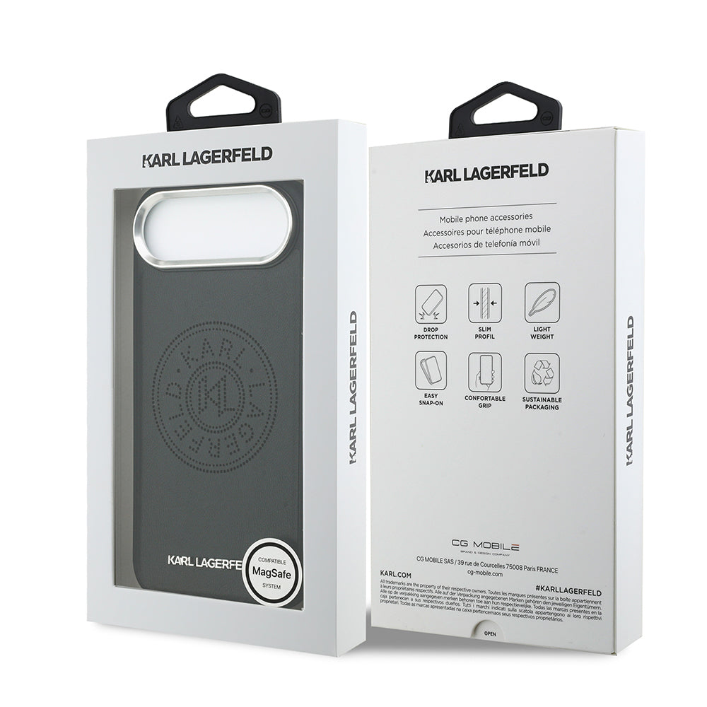 iPhone 17 Air Kılıf Karl Lagerfeld Orjinal Lisanslı M-safe Şarj Özellikli Delikli Tasarım Metal Logolu PU Deri Kılıf