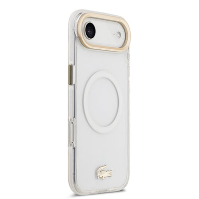 Apple iPhone 17 Air Kılıf Lacoste Orjinal Lisanslı M-safe Şarj Özellikli Gold Timsah Logolu Buzlu Kapak Beyaz