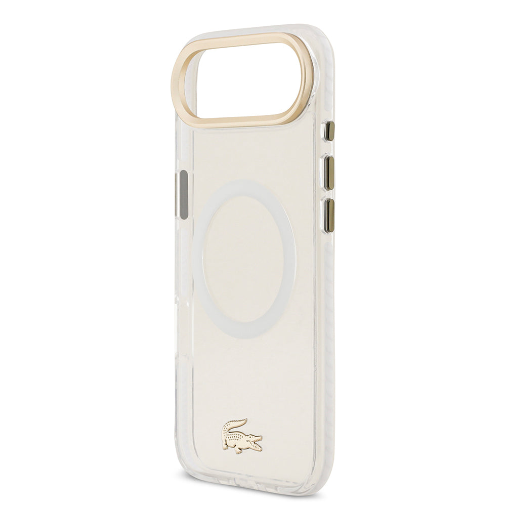 Apple iPhone 17 Air Kılıf Lacoste Orjinal Lisanslı M-safe Şarj Özellikli Gold Timsah Logolu Buzlu Kapak Beyaz