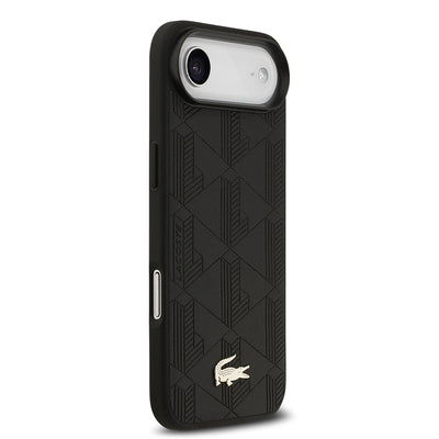 Apple iPhone 17 Air Kılıf Lacoste Orjinal Lisanslı M-safe Şarj Özellikli PU Deri Tasarımlı Karışık Monogram Desenli Kapak Siyah
