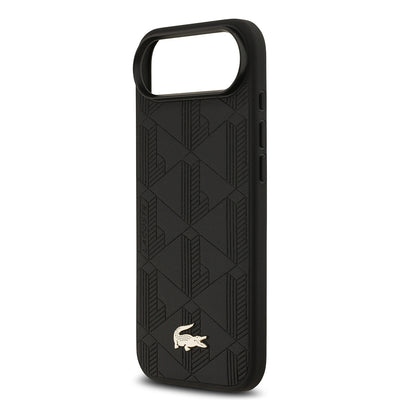 Apple iPhone 17 Air Kılıf Lacoste Orjinal Lisanslı M-safe Şarj Özellikli PU Deri Tasarımlı Karışık Monogram Desenli Kapak Siyah