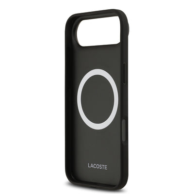 Apple iPhone 17 Air Kılıf Lacoste Orjinal Lisanslı M-safe Şarj Özellikli PU Deri Tasarımlı Karışık Monogram Desenli Kapak Siyah