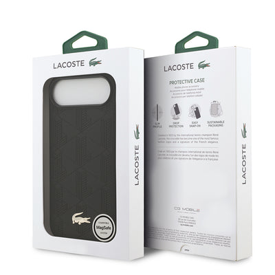 Apple iPhone 17 Air Kılıf Lacoste Orjinal Lisanslı M-safe Şarj Özellikli PU Deri Tasarımlı Karışık Monogram Desenli Kapak Siyah