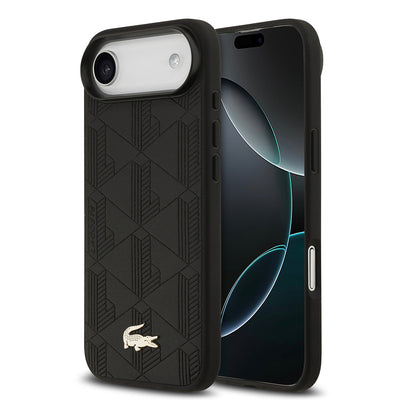 Apple iPhone 17 Air Kılıf Lacoste Orjinal Lisanslı M-safe Şarj Özellikli PU Deri Tasarımlı Karışık Monogram Desenli Kapak Siyah