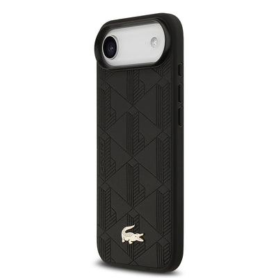 Apple iPhone 17 Air Kılıf Lacoste Orjinal Lisanslı M-safe Şarj Özellikli PU Deri Tasarımlı Karışık Monogram Desenli Kapak Siyah