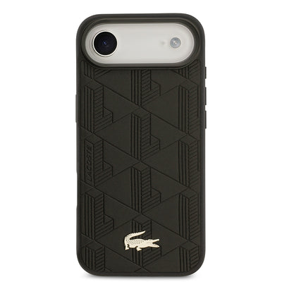 Apple iPhone 17 Air Kılıf Lacoste Orjinal Lisanslı M-safe Şarj Özellikli PU Deri Tasarımlı Karışık Monogram Desenli Kapak Siyah