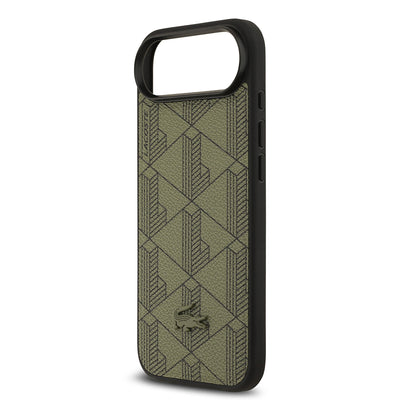 Apple iPhone 17 Air Kılıf Lacoste Orjinal Lisanslı M-safe Şarj Özellikli PU Deri Tasarımlı Kartlıklı Karışık Monogram Desenli Kapak Yeşil