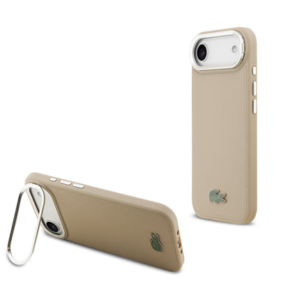 iPhone 17 Air Kılıf Lacoste Orjinal Lisanslı M-safe Şarj Özellikli PU Pike Desenli Standlı Metal Logolu Kılıf