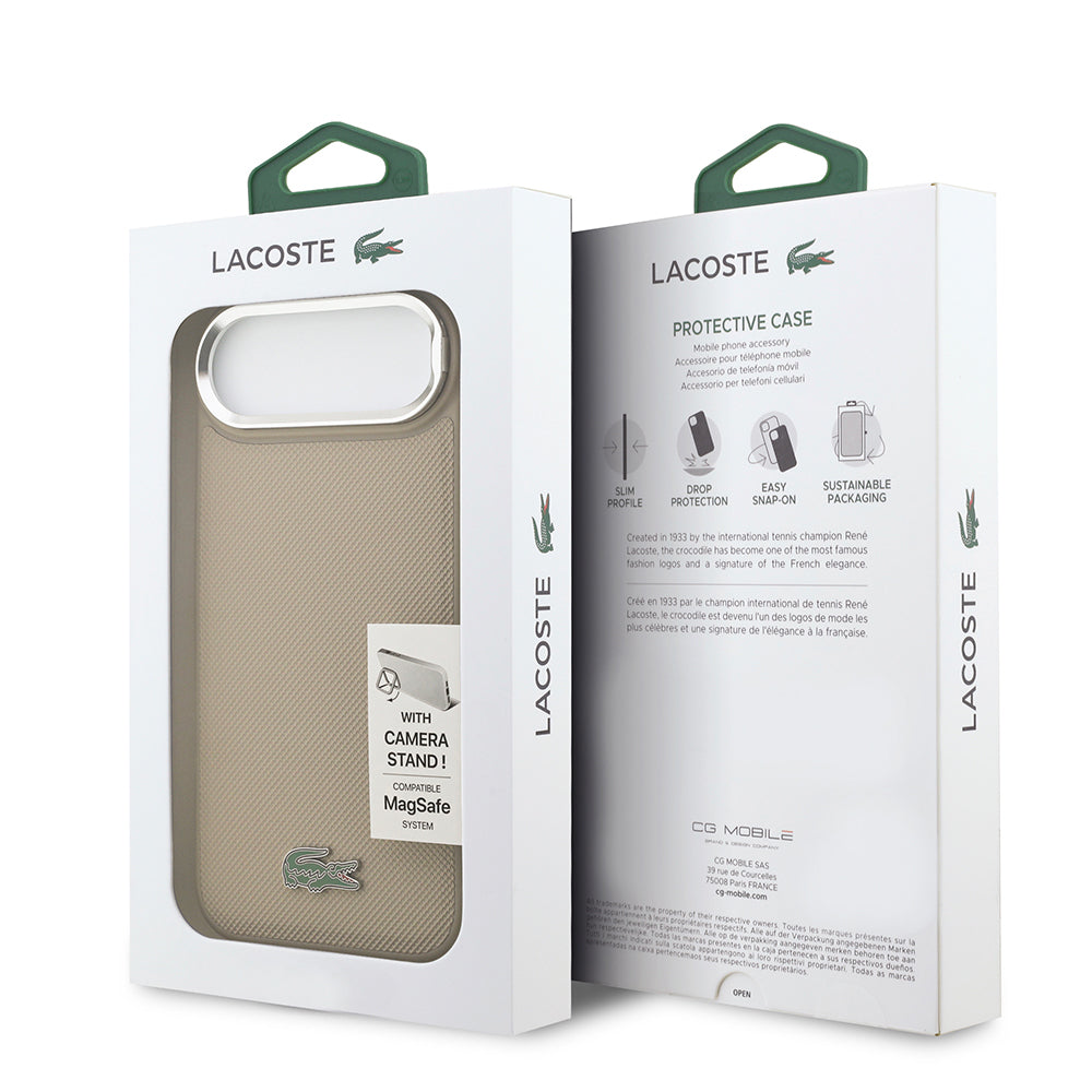 iPhone 17 Air Kılıf Lacoste Orjinal Lisanslı M-safe Şarj Özellikli PU Pike Desenli Standlı Metal Logolu Kılıf
