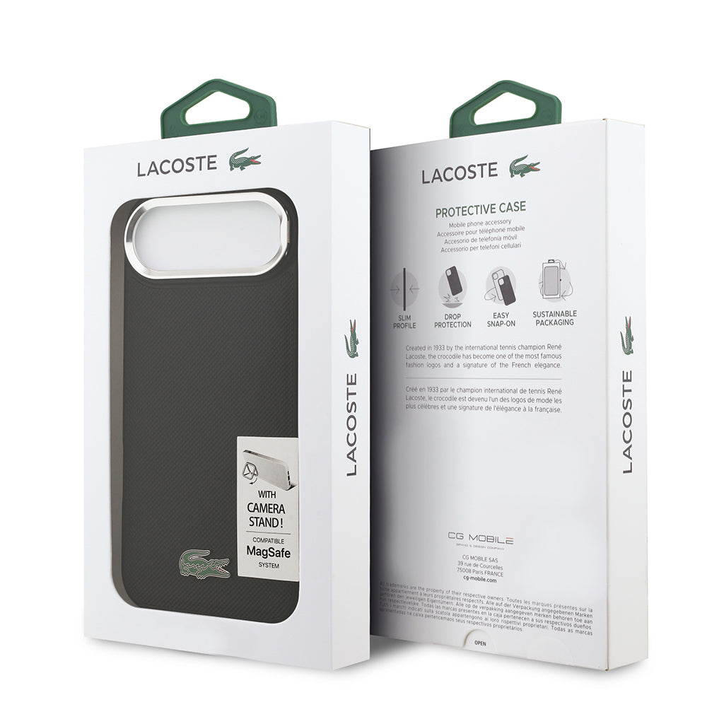 iPhone 17 Air Kılıf Lacoste Orjinal Lisanslı M-safe Şarj Özellikli PU Pike Desenli Standlı Metal Logolu Kılıf