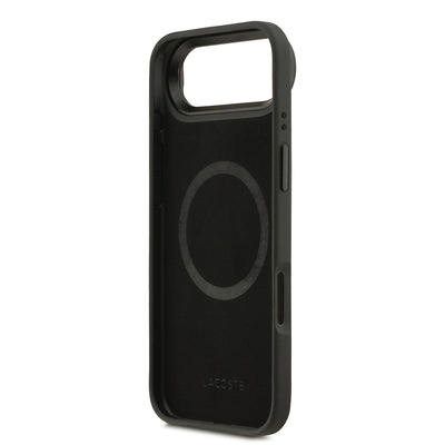 Apple iPhone 17 Air Kılıf Lacoste Orjinal Lisanslı M-safe Şarj Özellikli Standlı PU Deri Karışık Monogram Desenli Kapak Siyah