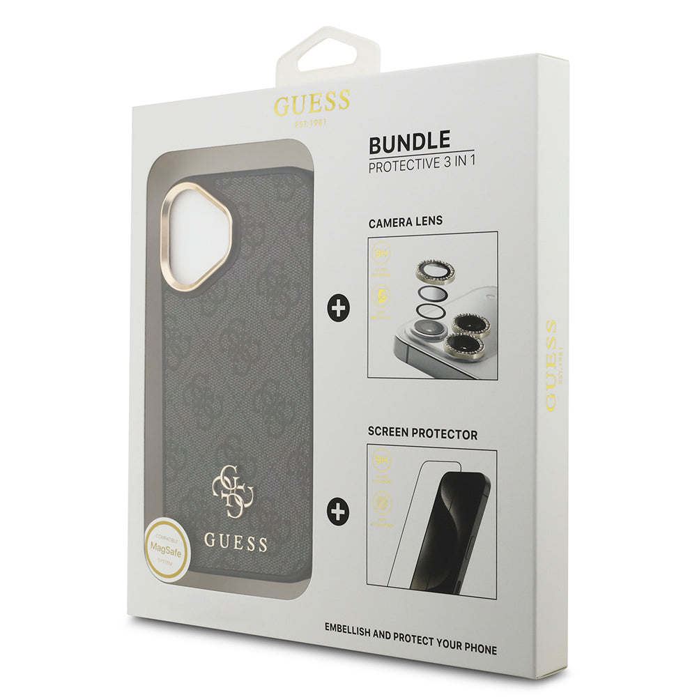 Apple iPhone 17 Guess Orjinal Lisanslı 4G ve Yazı Logolu Kılıf + Ekran Koruyucu + Lens Koruyucu 3in1 Aksesuar Seti Siyah