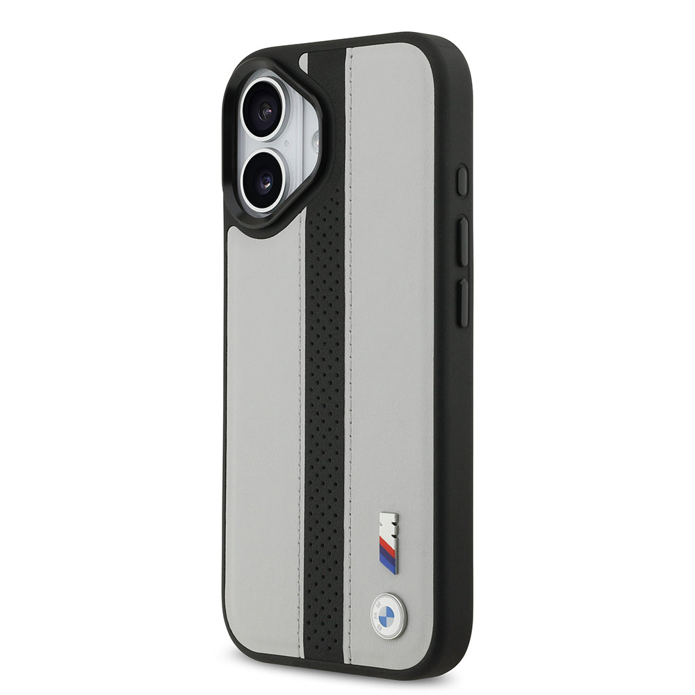iPhone 17 Kılıf BMW Orjinal Lisanslı M-safe Şarj Özellikli Deri Arka Yüzey Metal Logolu Delikli Şerit Tasarımlı Kılıf
